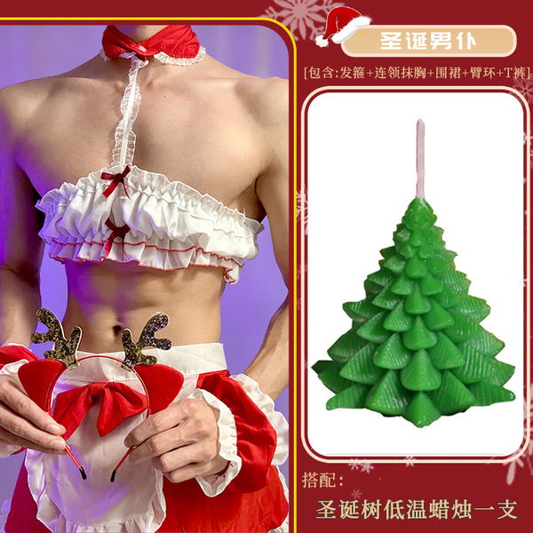 Christmas Maid Costume Set - Sexy Red Naughty Uniform for Women, Cute & Alluring Holiday Lingerie Outfit - Christmas servant + green Christmas tree low-temperature candle
