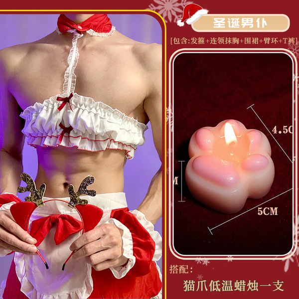 Christmas Maid Costume Set - Sexy Red Naughty Uniform for Women, Cute & Alluring Holiday Lingerie Outfit - Christmas male servant + pink cat paw low-temperature candle