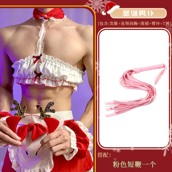 Christmas Maid Costume Set - Sexy Red Naughty Uniform for Women, Cute & Alluring Holiday Lingerie Outfit - Christmas male servant + pink whip