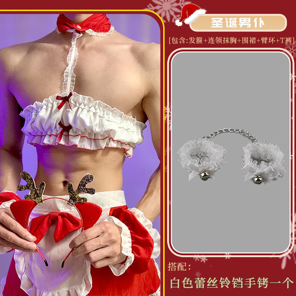 Christmas Maid Costume Set - Sexy Red Naughty Uniform for Women, Cute & Alluring Holiday Lingerie Outfit - Christmas male servant + white lace bell handcuffs