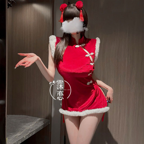 Misty Romance Lingerie Set - Sexy Christmas Uniform, New Chinese Style Qipao for Couples, Pure & Tempting Holiday Outfit - Christmas outfit + hair accessory + white trim on white stockings