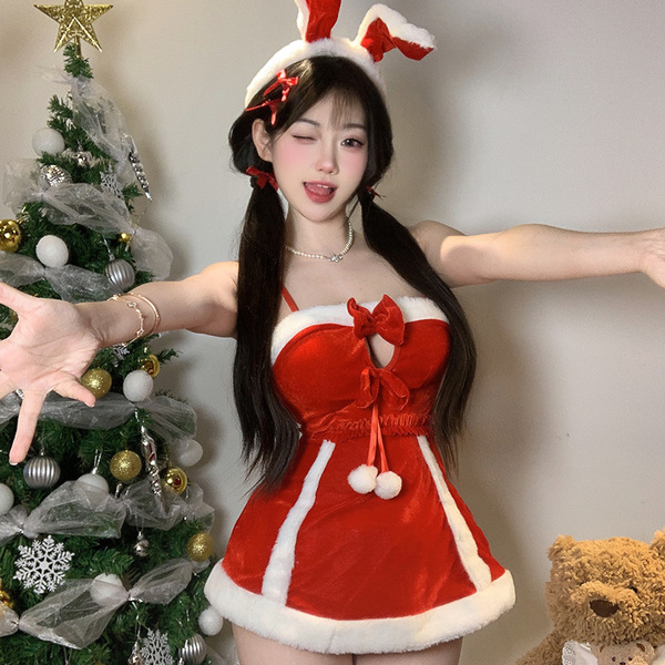 Adorable Reindeer Christmas Cosplay Bunny Girl Outfit - Red Holiday Lingerie Set & Sexy Sleepwear - Christmas-themed outfit: headband + skirt