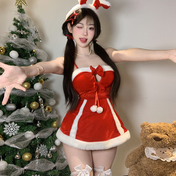 Sexy christmas bunny costume with red bikini top and white trim, perfect for new year parties, cosplay, and naughty holiday w...