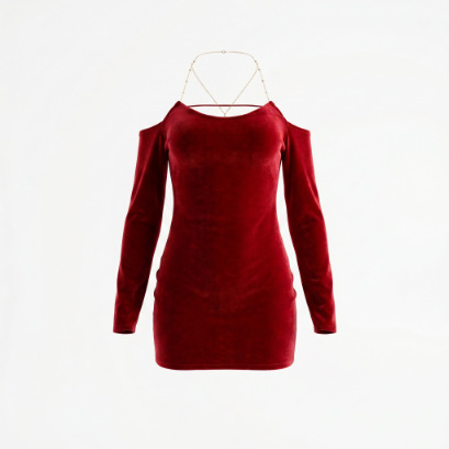 Christmas red seductive sleep dress featuring side slit and chain detail, perfect for sexy lingerie nightgowns.