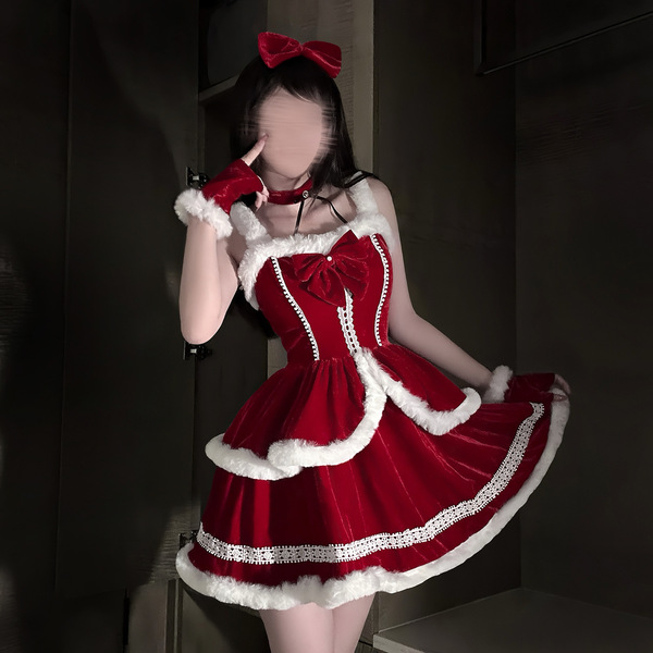 Sexy christmas dress with red bow, fluffy trimmings, and playful design perfect for holiday parties.