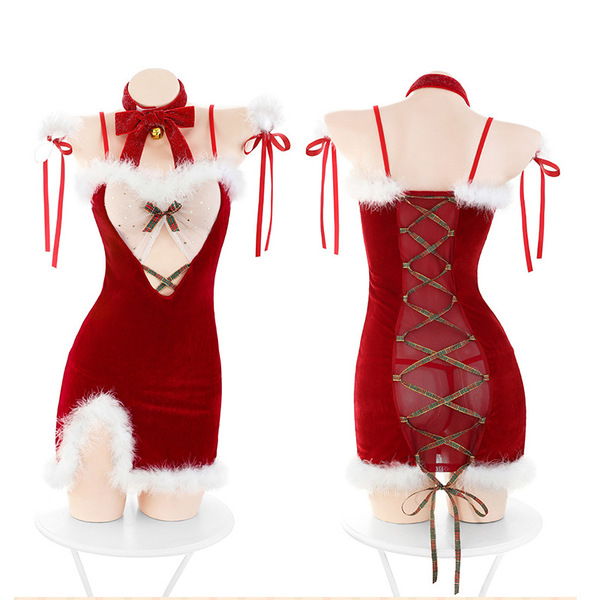 Christmas sexy lingerie set - red naughty costume for role play, featuring festive red design with white fur trim and lace-up...