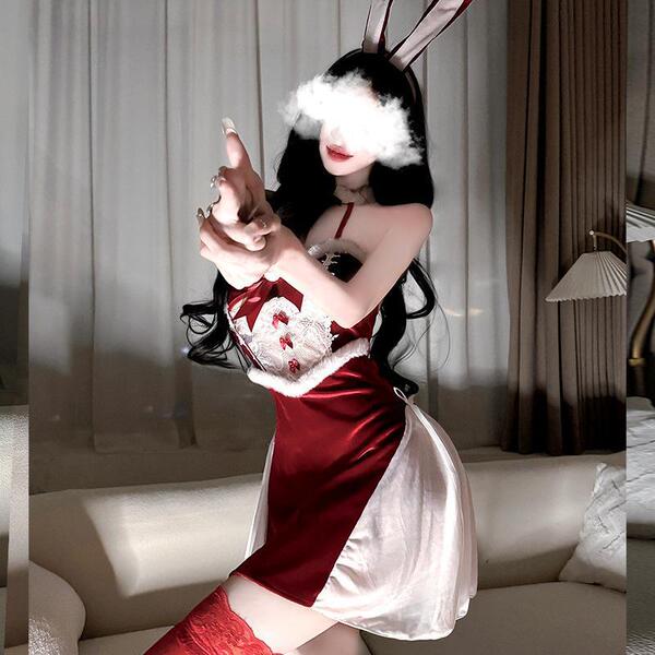 Elegant christmas-themed velvet lingerie set featuring a cute bunny design, perfect for cosplay or festive sleepwear. include...