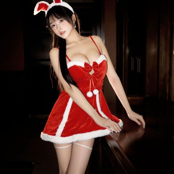 Sexy red velvet christmas nightgown with bunny ears, perfect for holiday parties and roleplay.