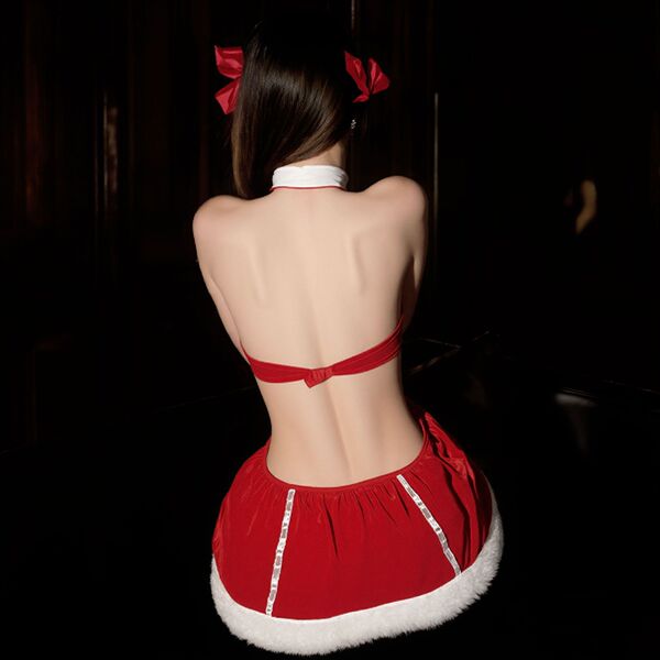 Sexy christmas-themed velvet lingerie nightgown with red bow accents, perfect for holiday parties and role play costumes.