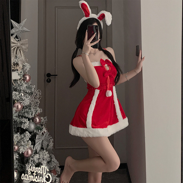 Sexy red christmas velvet lingerie set with bunny ears, perfect for new years eve role play and party costumes.