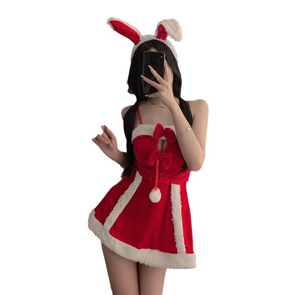 Sexy red christmas-themed sleep dress with bunny ears, perfect for new years eve role play and party costumes.