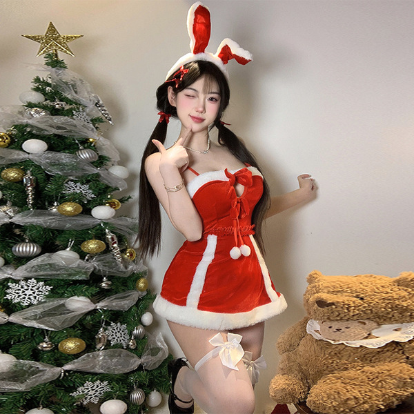 Adorable Reindeer Christmas Cosplay Bunny Girl Outfit - Red Holiday Lingerie Set & Sexy Sleepwear - Christmas style + white bow stockings
