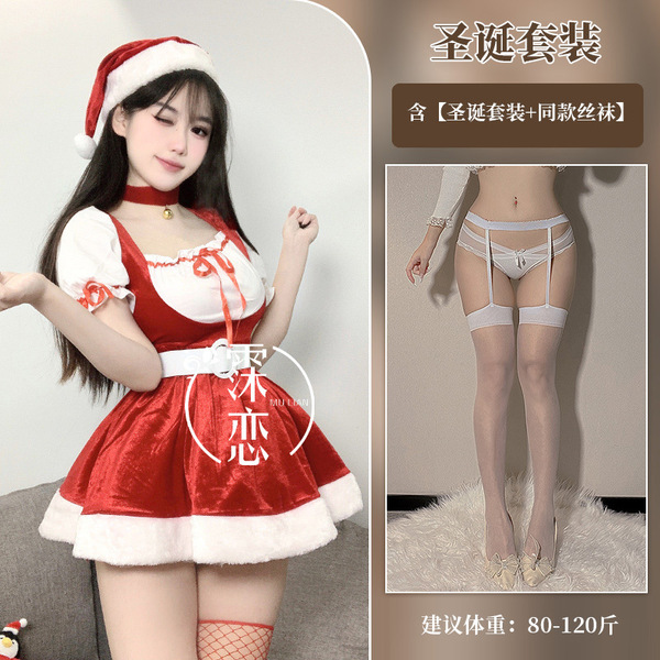 Velvet Christmas Lingerie Set - Sexy Role Play Sleep Dress & Holiday Costume Outfit for Women - Christmas set + white trim white stockings
