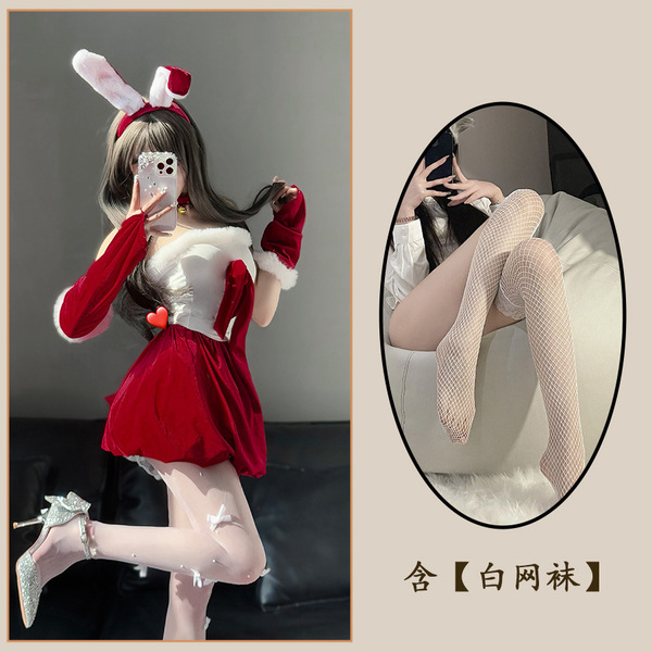 Chao Mu Sexy Gold Velvet Christmas Lingerie Set - Festive New Year Role Play Outfit for Women - Christmas outfit + white fishnet stockings