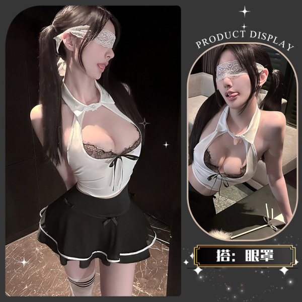 Lace JK Style Sensual Lingerie Set with Bow Detail - Busty Sheer Peek-a-Boo Maid Outfit - Tears streaming down her face + eye mask