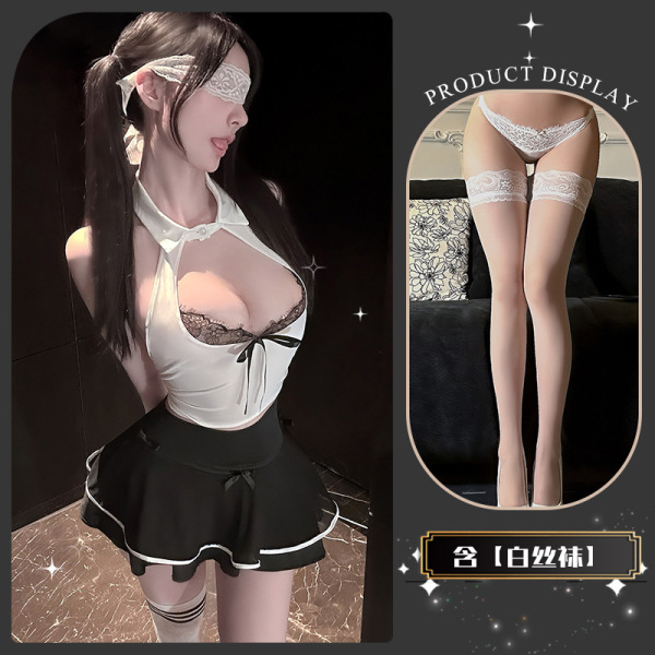 Chao Mu Lace JK Style Lingerie Set - Seductive Butterfly Bow Sheer Cup Corset & Maid-Inspired Erotic Outfit - Tears streaming down her face + white stockings