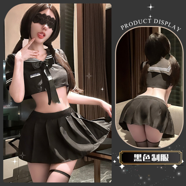 JinXiao JK Flirty Lingerie Skirt - Pure-Yu Pleated Sensual Dress, Elegant Temptation Underwear for Women - Chun Chun Dai Die ~ [Black] + Hairband