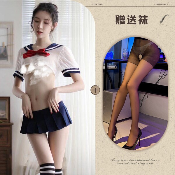 Plus Size Sexy Strawberry Lingerie Set - Cute Sheer Sailor Uniform Two-Piece Outfit - Clothing set + black open-crotch socks