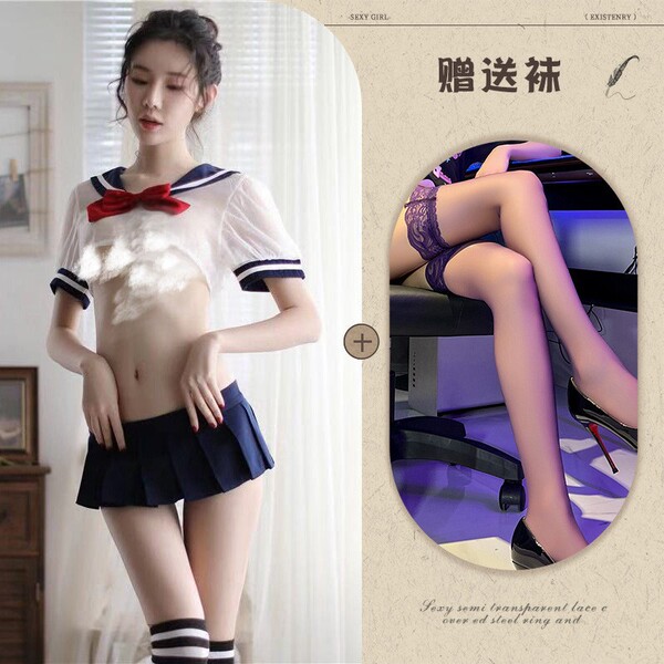 Plus Size Sexy Strawberry Lingerie Set - Cute Sheer Sailor Uniform Two-Piece Outfit - Clothing set + black stockings