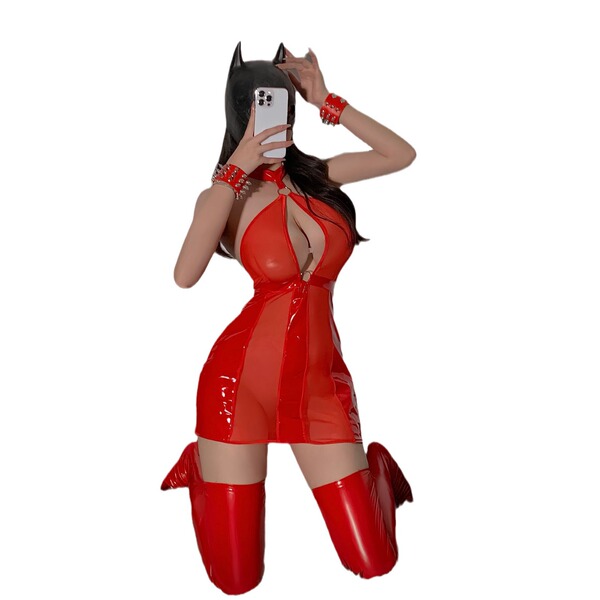 Sexy red patent leather bodysuit with sheer mesh mini skirt, cat ears headband, thigh-high boots, perfect for nightclub and p...