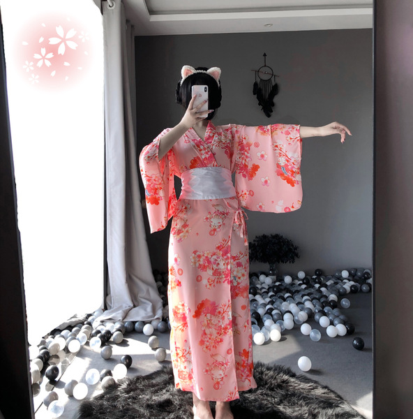 Linlinting Japanese Kimono-Style Cat Girl Lingerie Set - Elegant Long Sheer Sleepwear for Women - Image color (jacket + waist belt + thong)