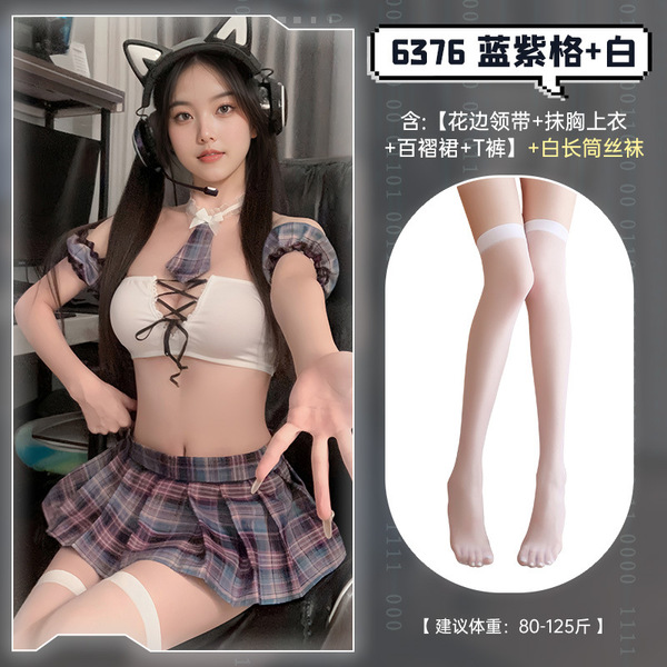 Feimu Escape Student Tie-Up Busty JK Set 6376 - Sexy Uniform Outfit with Backless & Thong Design - ◆College Girlfriend◆ Blue and purple plaid + white [lace tie + tube top + pleated skirt + thong] + white stockings