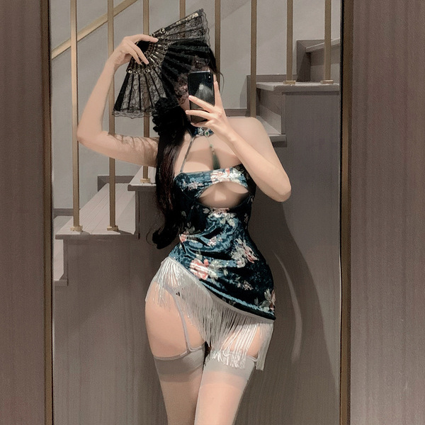 Qingran Vintage Velvet Cheongsam Lingerie - Seductive Peony Print Bodycon Dress with Tassels - Color shown in picture (socks not included)