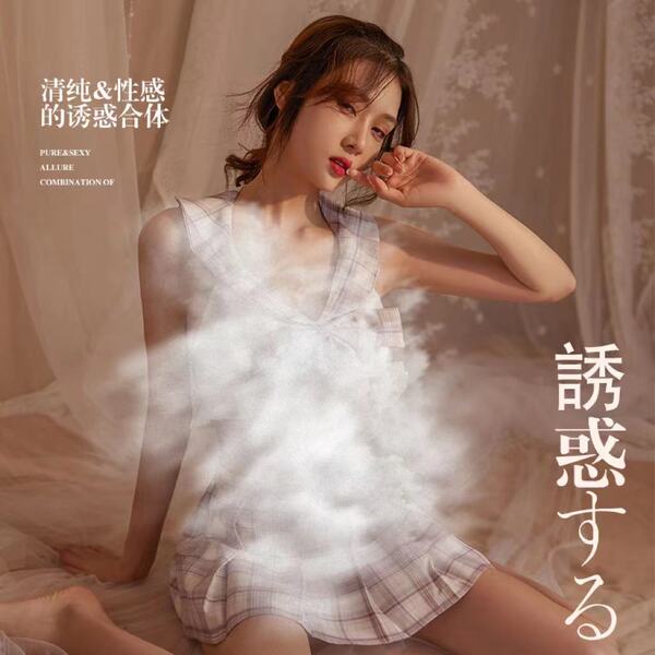 Qingran Sexy Plaid JK Uniform Set - Summer Student Lingerie with Lace-Up & Cut-Out Details - Image color set