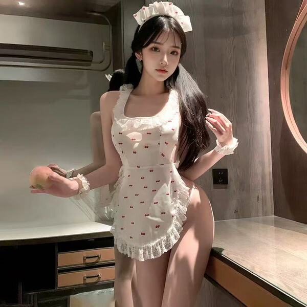 Cherry Lace Maid Costume for Women - Sexy Backless Apron with Cheeky Cut-Outs & Sheer Trim - Image color