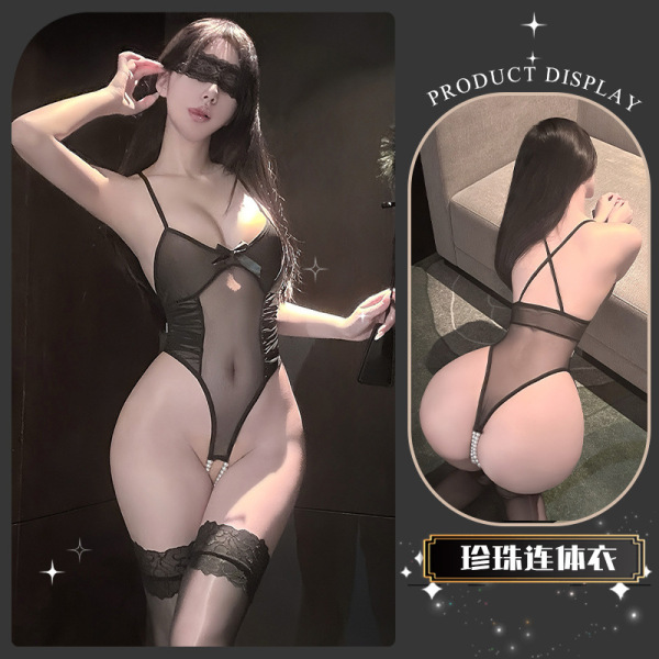 Pure & Seductive Sheer Lingerie Set with Insertable Stockings - Sensual Erotic Outfit for Adults - Cookie Beaded Bodysuit