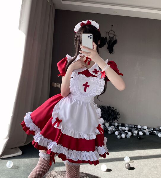 Pure & Seductive Maid Costume Set - Cosplay Lingerie, Lolita Apron Sleepwear for Role Play & Bedroom Fun - Red Cross Maid
