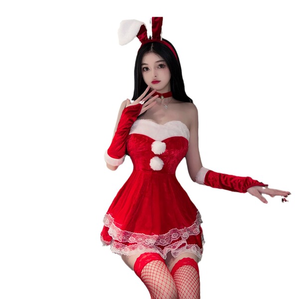 Cute christmas bunny girl lingerie dress - sexy strapless role play outfit for new year & holiday parties