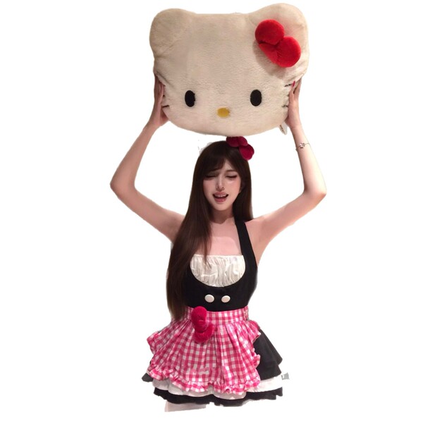 A woman wearing a cute kitty cat maid costume set, featuring a black and white dress with pink accents, holding a large hello...