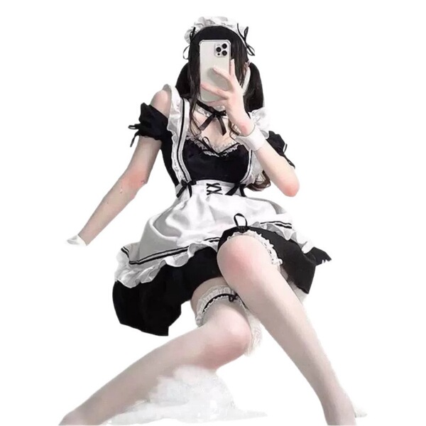 Cute maid cosplay dress featuring black and white colors, lace details, and a playful design perfect for japanese lolita styl...