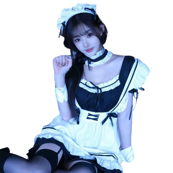 Cute maid cosplay dress featuring a charming black and white design, perfect for japanese lolita style with elegant details a...