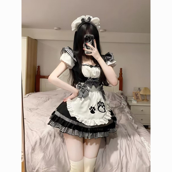 Cute maid costume dress with cat ears - plus size lolita cosplay outfit for women, featuring ruffled sleeves, apron, and play...