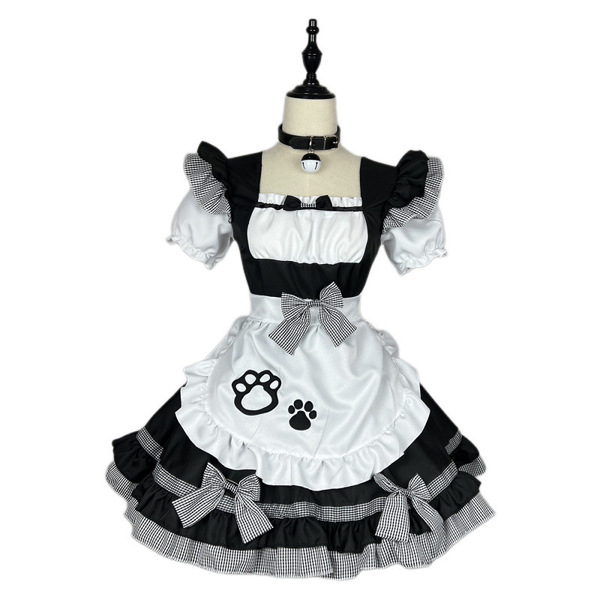 Cute maid costume for women featuring anime cat girl lolita dress with stretchy spandex fabric, black and white checkered des...