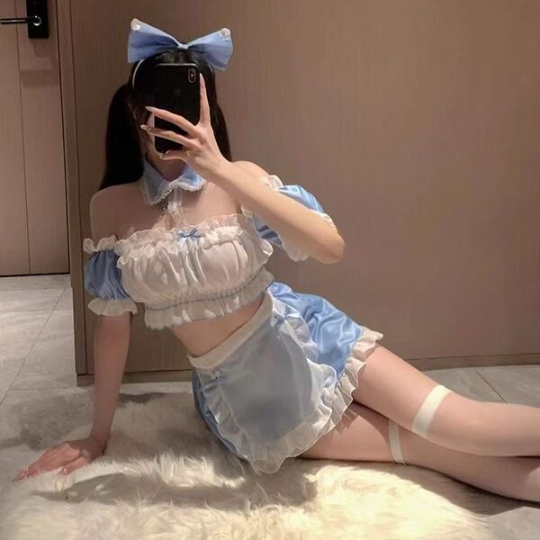 Cute maid costume for women featuring a flirty lolita dress with sheer chiffon and ruffled sleeves, perfect for cosplay.