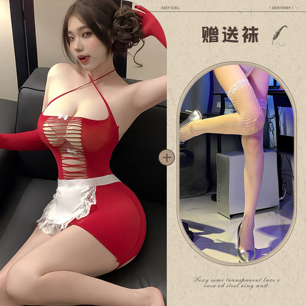 Sexy Maid Costume Set - Sheer & Seductive Qipao Lingerie with Peekaboo Butt Design, No-Remove Temptation Outfit - Charming Maid ◆ Red and White Fishnet Stockings