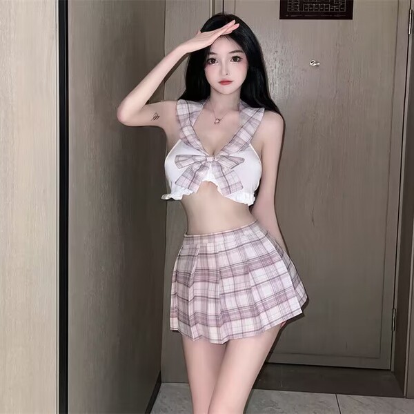 Cute plaid jk skirt outfit with lace-up hollow top, perfect for a schoolgirl summer look.