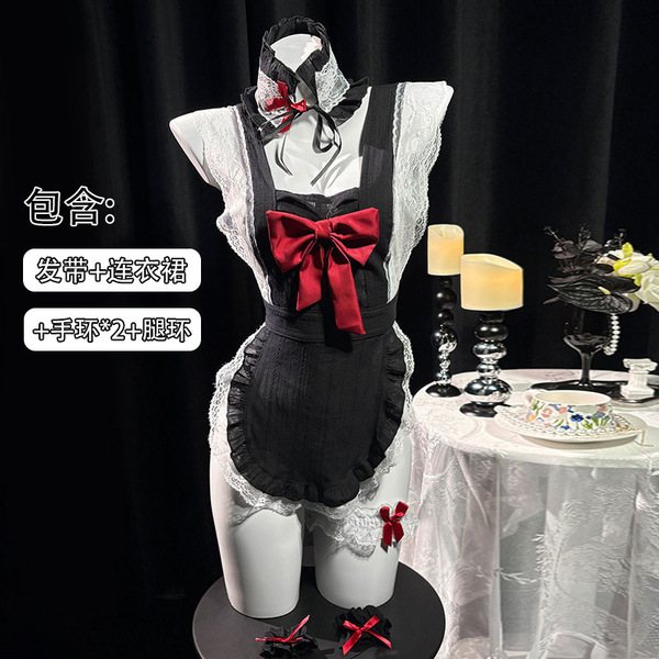 Night-Su Bow Backless Maid Apron Set - Seductive Lingerie Outfit for Women, Minimalist Sleepwear & Costume - Dark Lolita + Black Fishnet Stockings