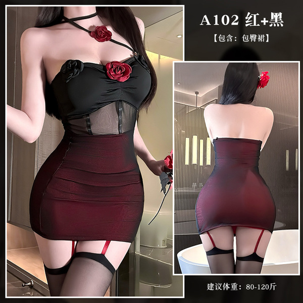 New Year Pure & Tempting Lingerie Skirt - Rose Uniform Sleep Dress with Built-in Pads & Sheer Details - Dark Rose Dress