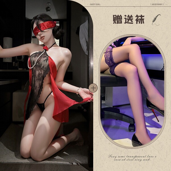 Y Sexy Lingerie Night Rose Tie-up Dress Lace Sexy Flirting Revealing Chest Set Maid Outfit - Eternal Night Rose + Red and Black Eye Patch + Black Stockings