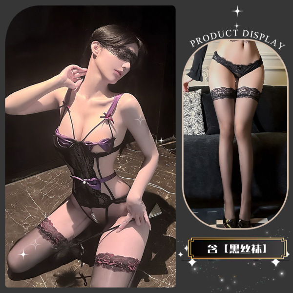 Pure & Playful Lace Lingerie Set with Pearl Accents and Bow Detail - Seductive Matching Bra and Bodysuit - Dead Leaf Butterfly * Purple + Black Stockings