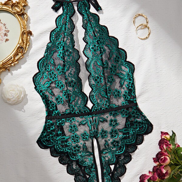 Deep v lace bodysuit for women with floral print, open-crotch backless design. elegant sexy lingerie in emerald green and bla...