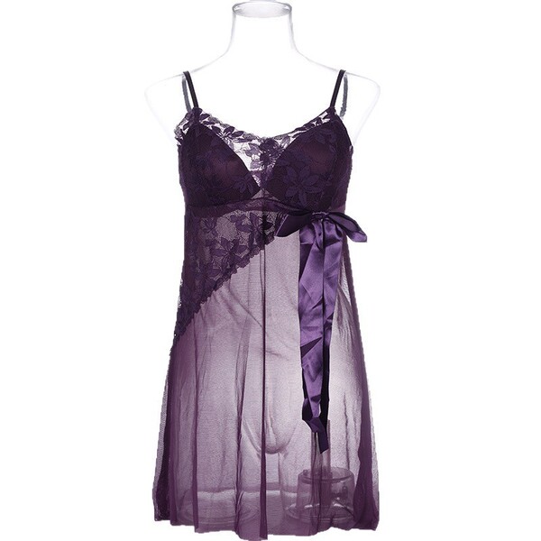 Sexy Lace Bodysuit with Padded Cups - Sheer Modest-Looking Erotic Sleep Dress for Women - Dark purple (for privacy protection)