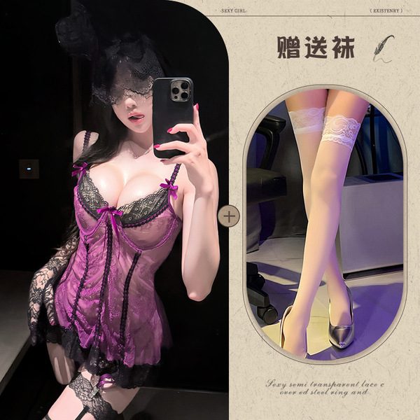 Manyeqing Lace Lingerie Set - Deep V Push-Up Sexy Mesh Slip Dress with Sheer Allure - Dark purple + white stockings