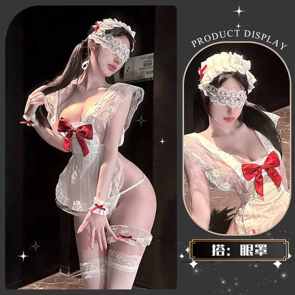 Golden Night Bowknot Maid Lingerie Dress - Sweet & Sensual Sheer Bust Corset Style Erotic Outfit - Butterfly Strawberry ~ + Eye Mask