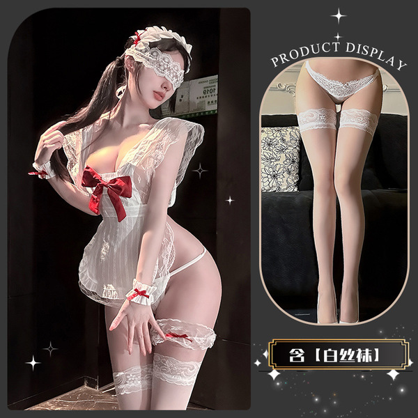Golden Night Bowknot Maid Lingerie Dress - Sweet & Sensual Sheer Bust Corset Style Erotic Outfit - Butterfly Strawberry ~ + White Stockings + Eye Mask