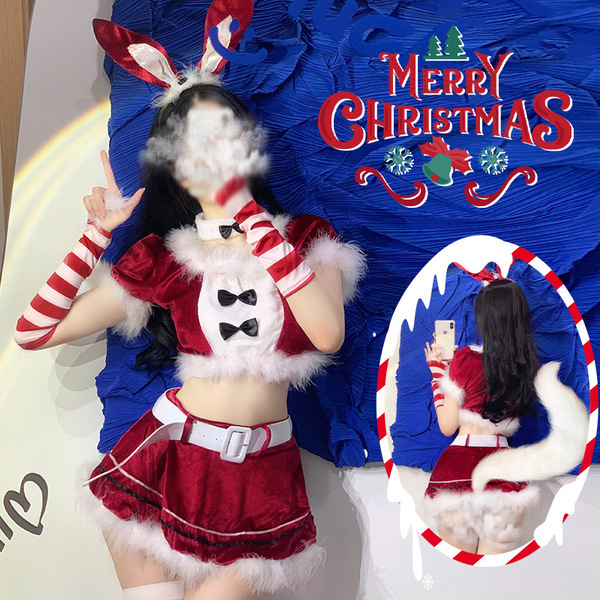 Merry christmas bunny girl lingerie set - festive holiday costume with red striped straps and white fur trim, perfect for hol...